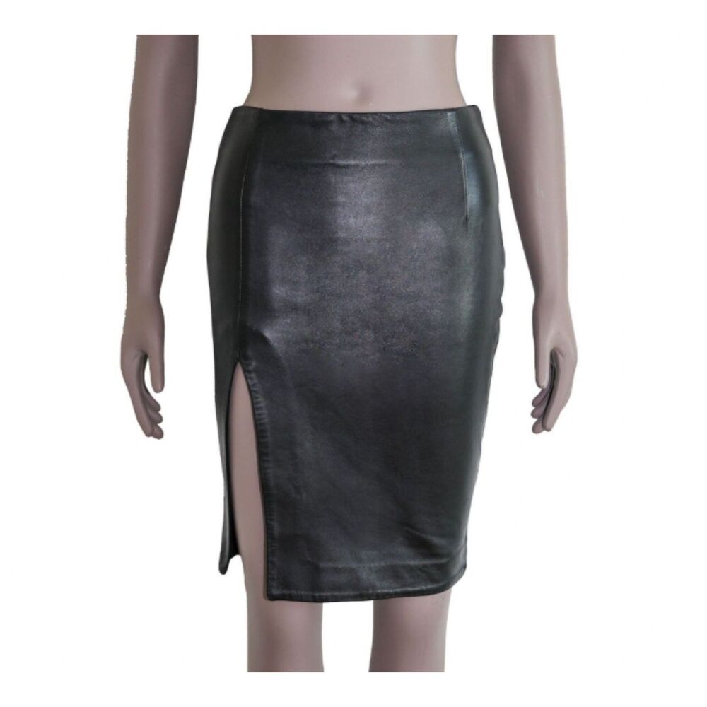 Nicholas Black Leather Pencil Skirt Front Slit Knee Length Fitted Womens Size S - Picture 2 of 4
